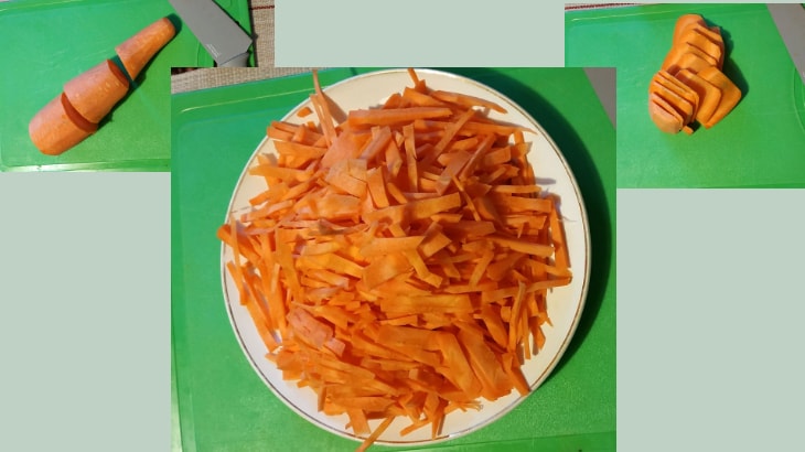 Солянка мясная с оливками и маслинами: морковь режем мелкими брусочками.